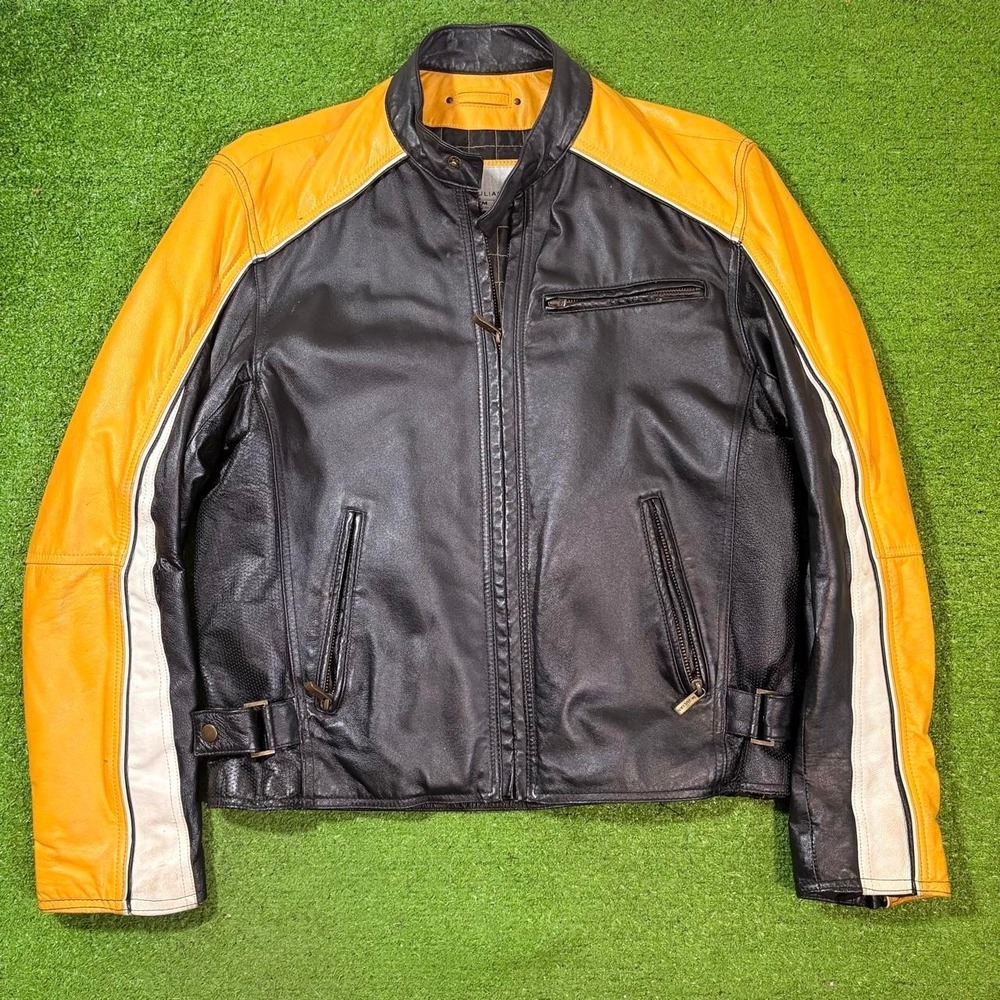 Vintage Wilson's Leather M. Julian Black/Yellow moto Jacket Y2K Biker Size MED